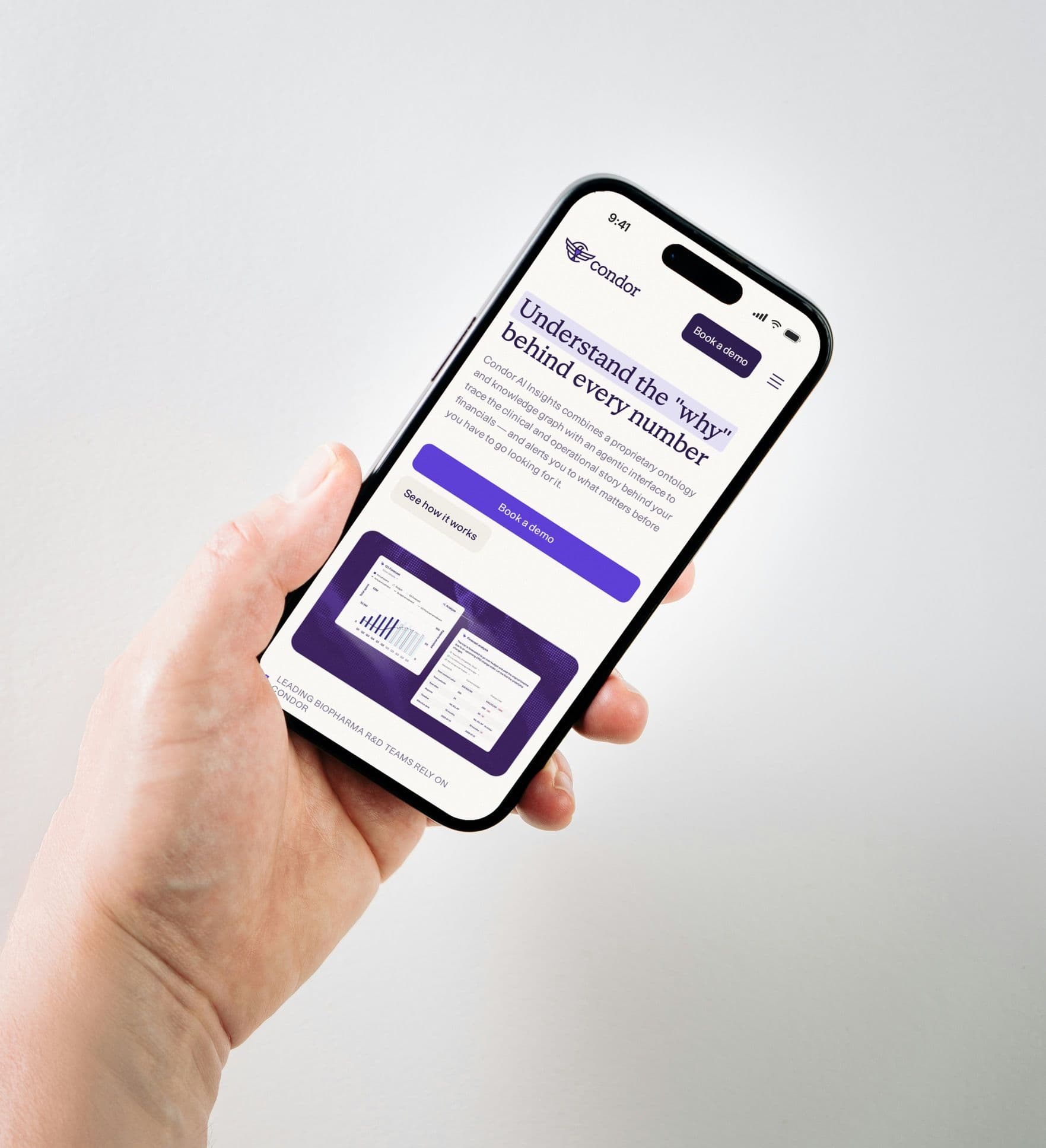 AI Insights on an iPhone held in one hand, on dark wood