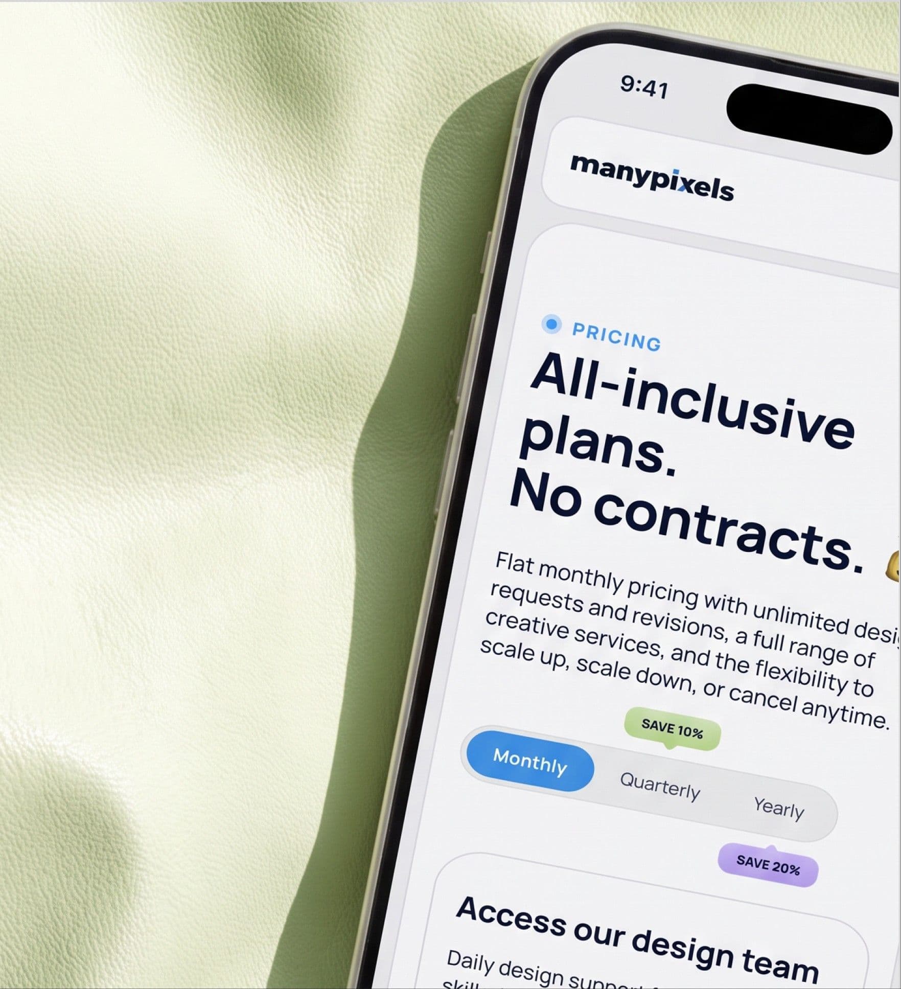 The line 'All-inclusive plans. No contracts.' on a phone among leaves