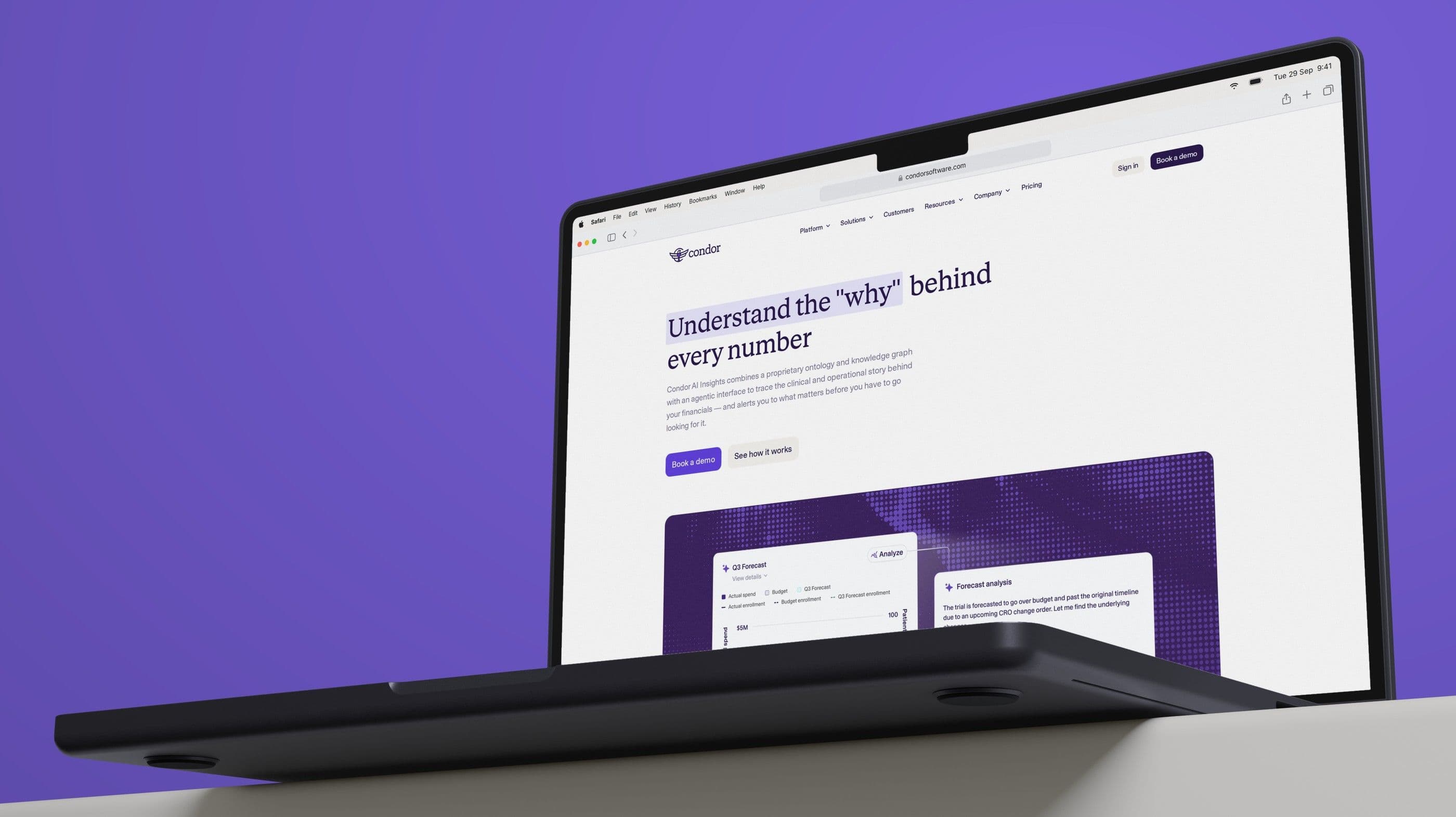 Condor AI Insights, Understand the why behind every number, on a MacBook Pro against a violet wall