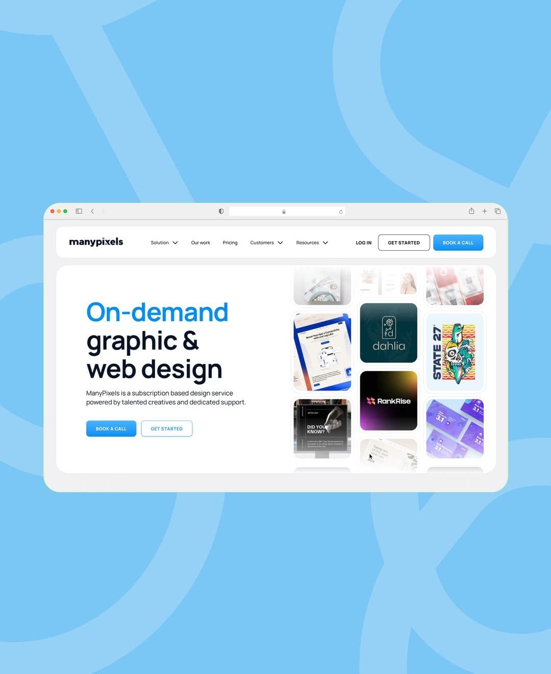 The manypixels home page in a browser, on the brand's pale blue