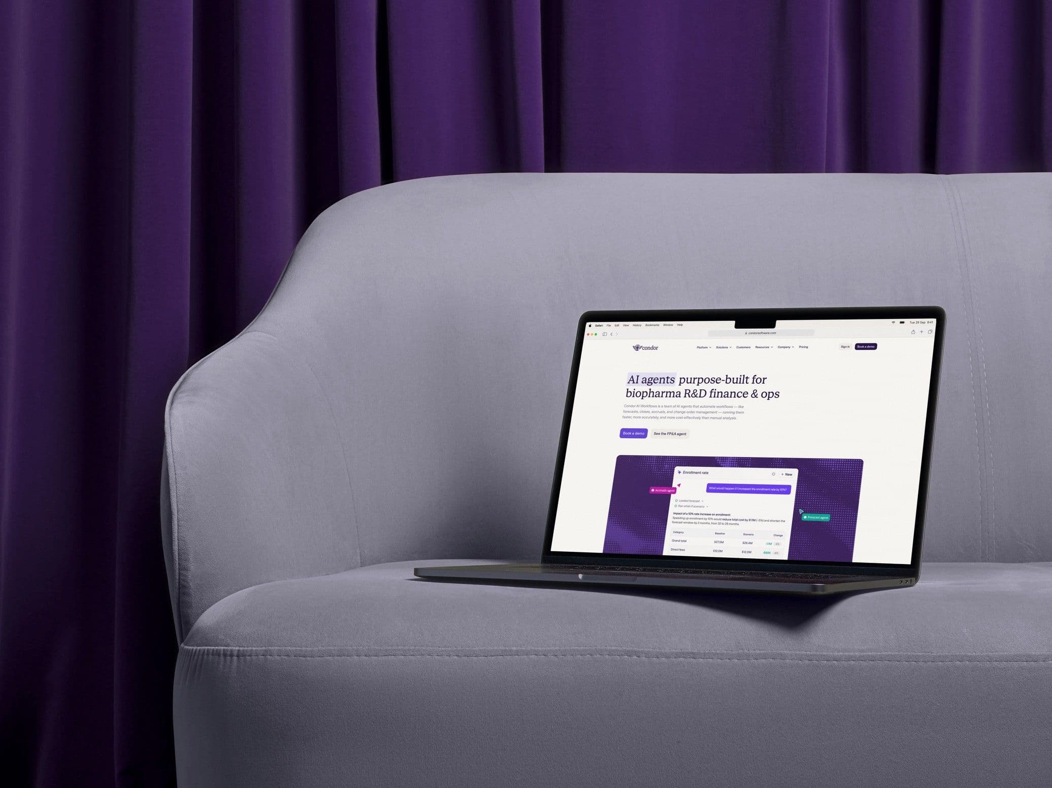 AI Workflows, AI agents purpose-built for biopharma R&D finance, on a MacBook on a velvet sofa