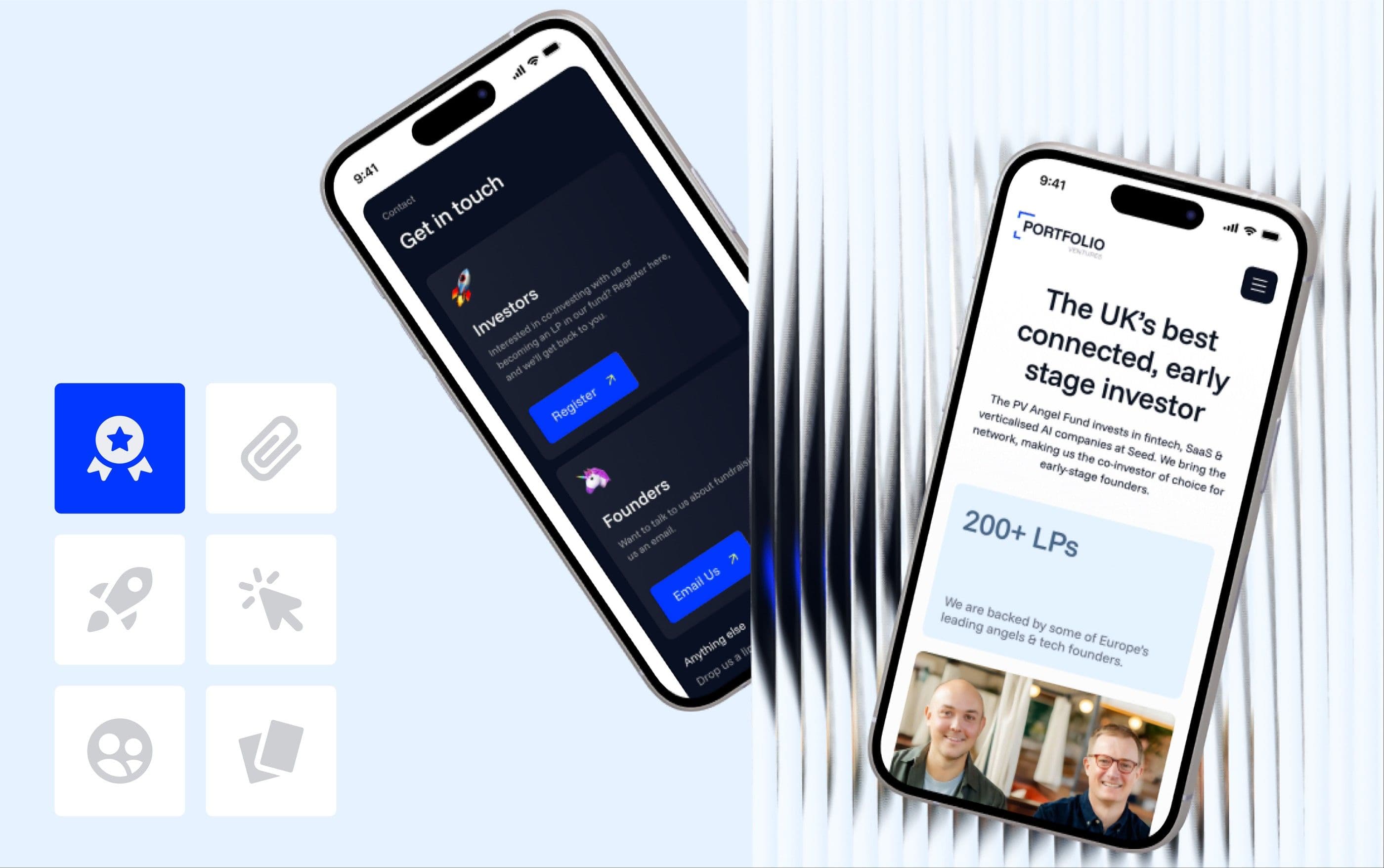 Get in touch and the home page, side by side on two phones