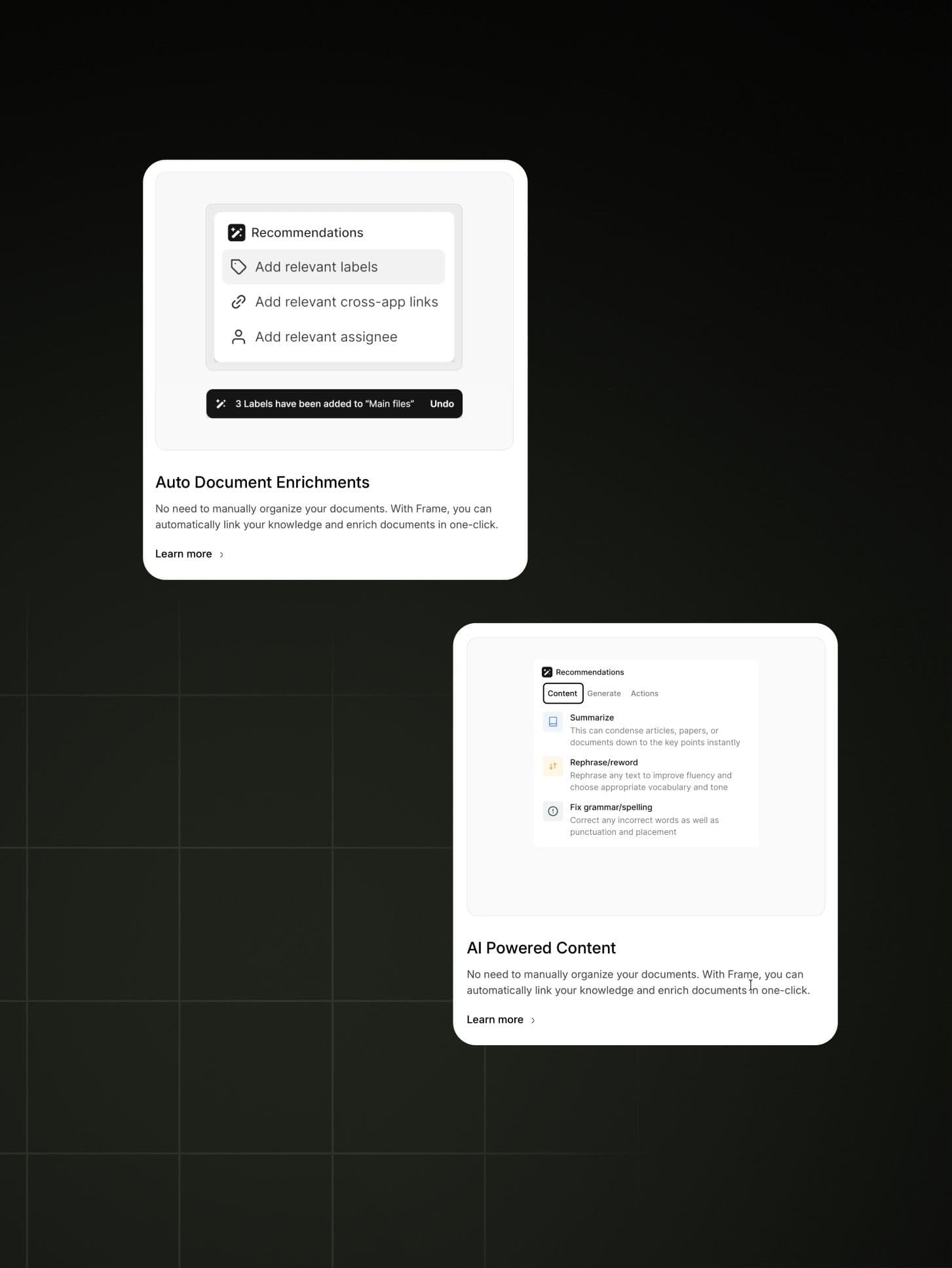 Two product cards: Auto Document Enrichments and AI Powered Content