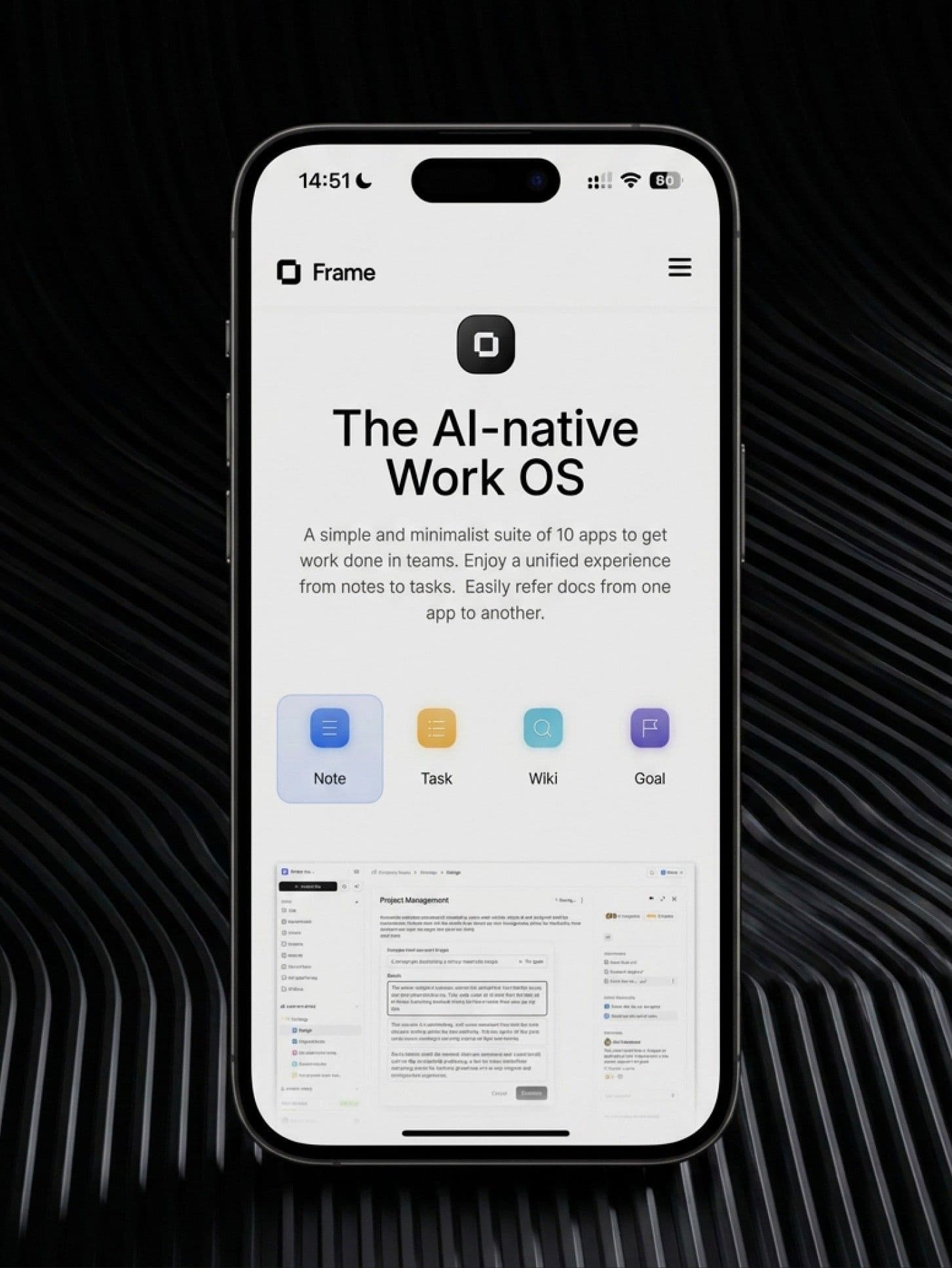 The Frame mobile site, The AI-native Work OS, with its ten app tiles