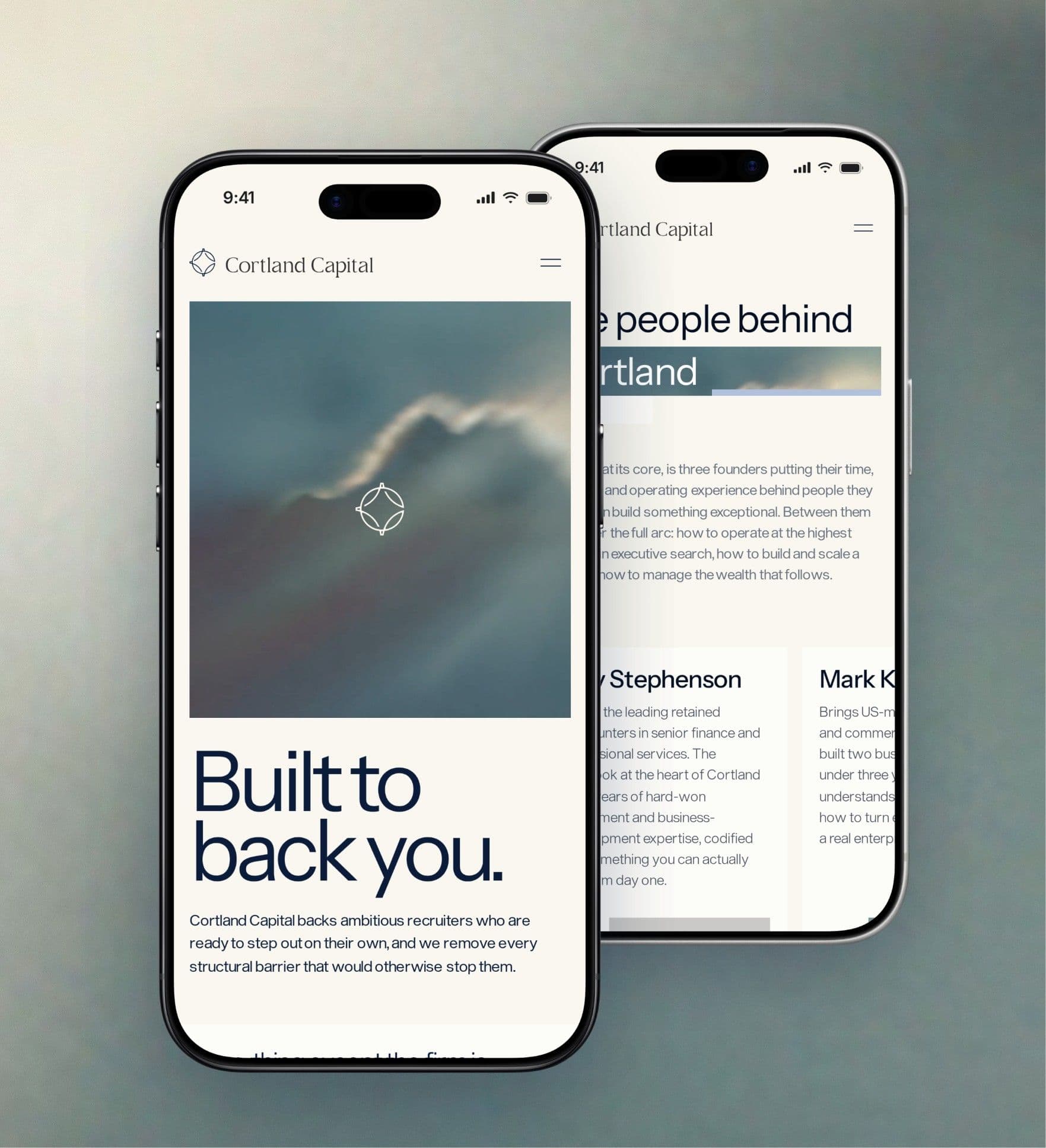 The home and About pages on two iPhones