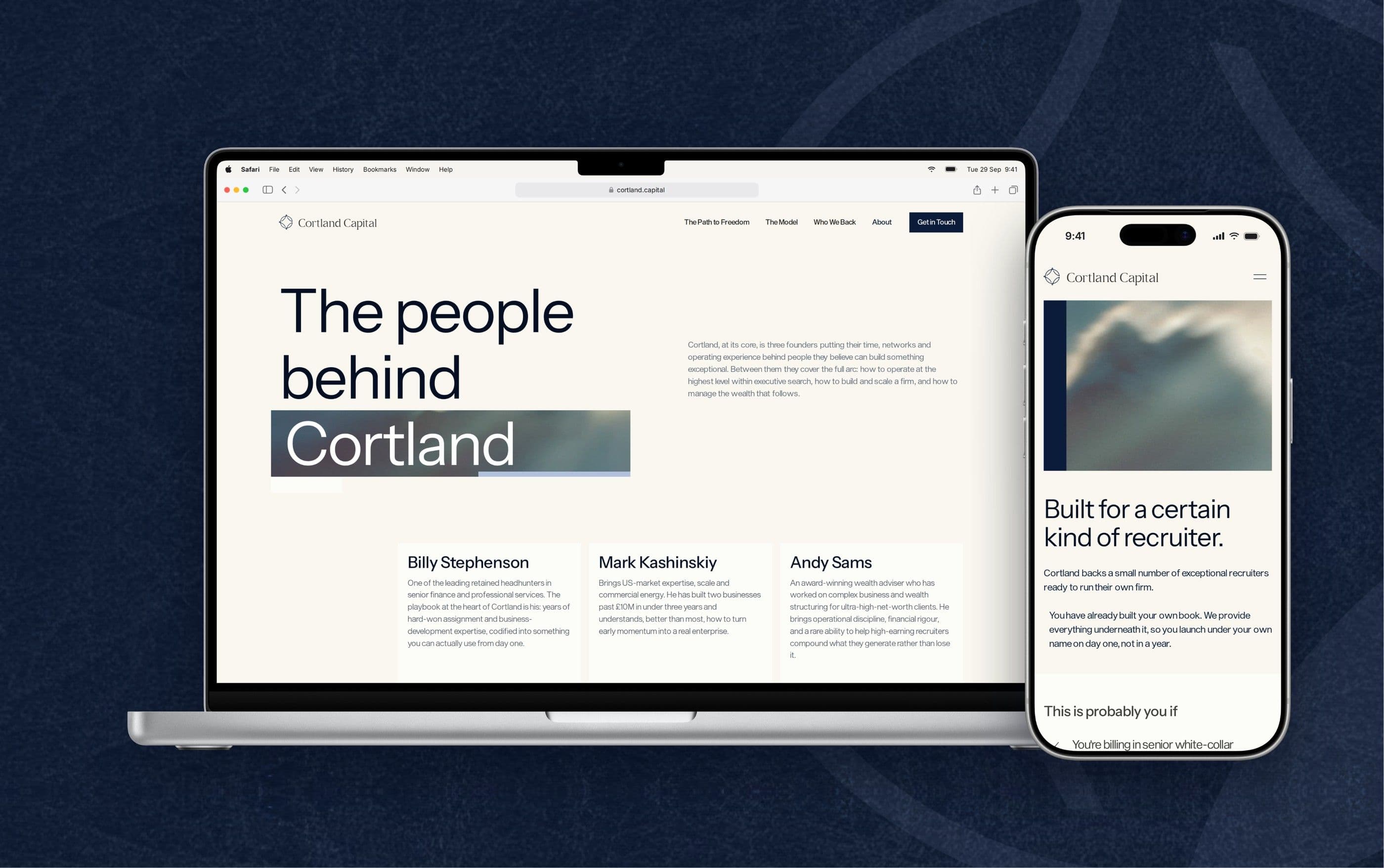 The About page on a MacBook and Who We Back on an iPhone, on navy