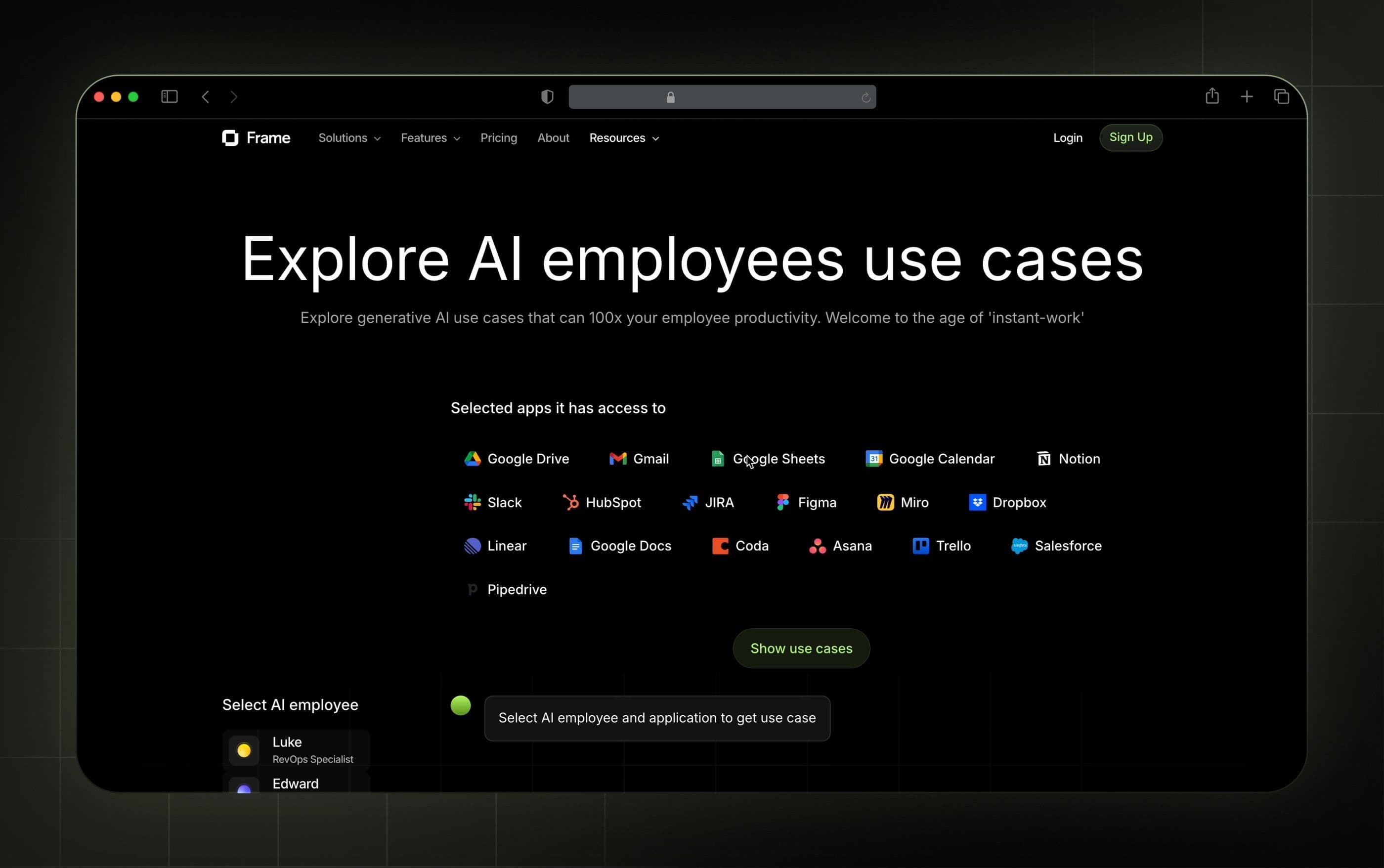 Explore AI employees use cases, wired to the product's real integrations