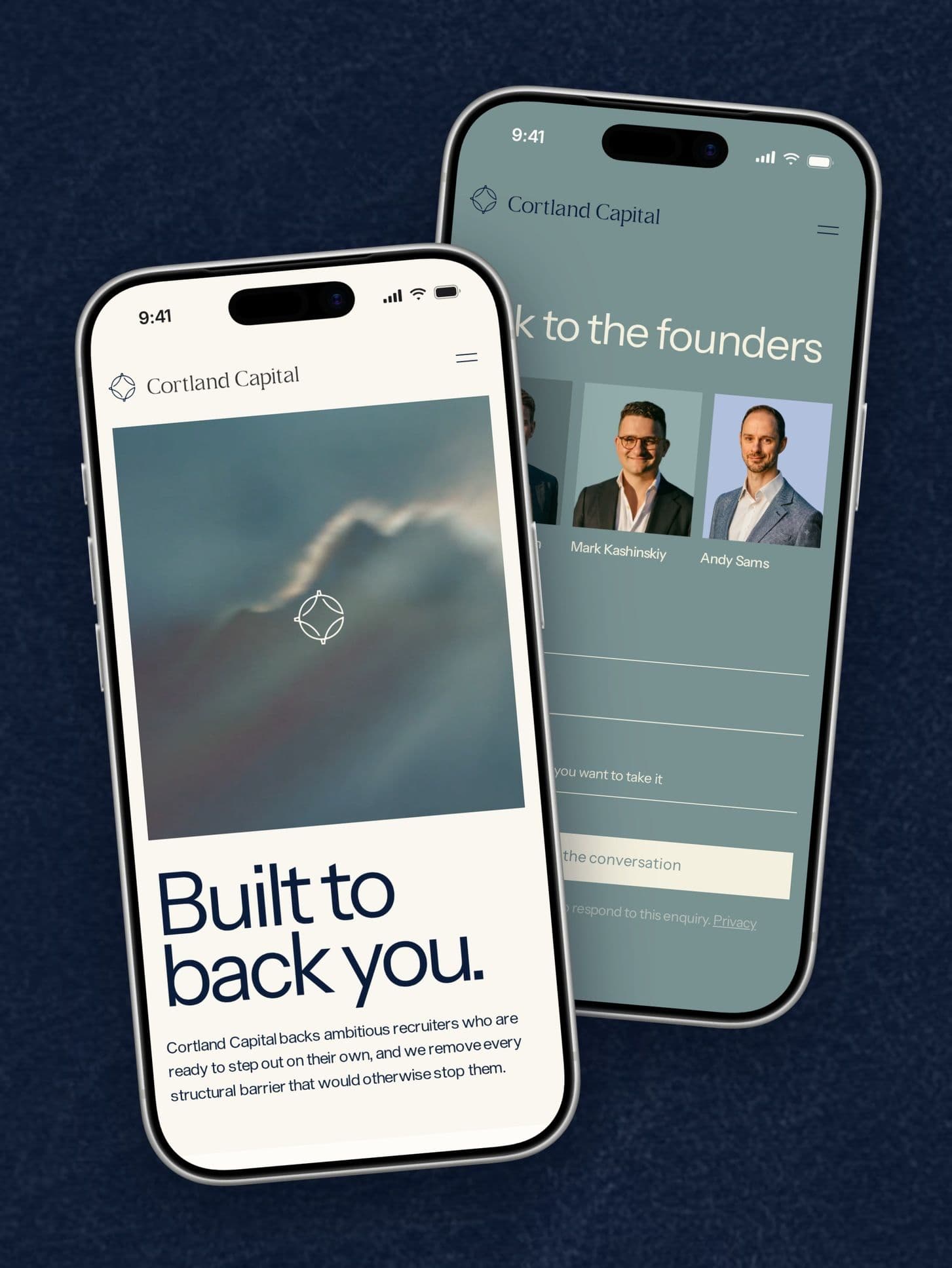 The home page and Get in Touch on two phones, on navy