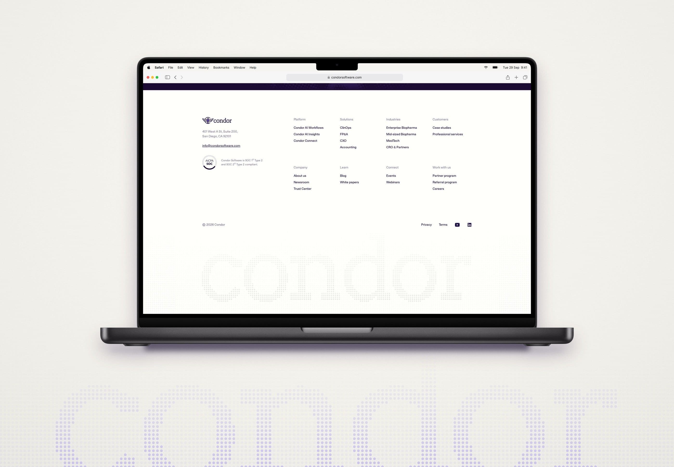 A walk through the live site on a MacBook: the home page, Customers, Pricing and the cursor pushing the dots of the footer wordmark
