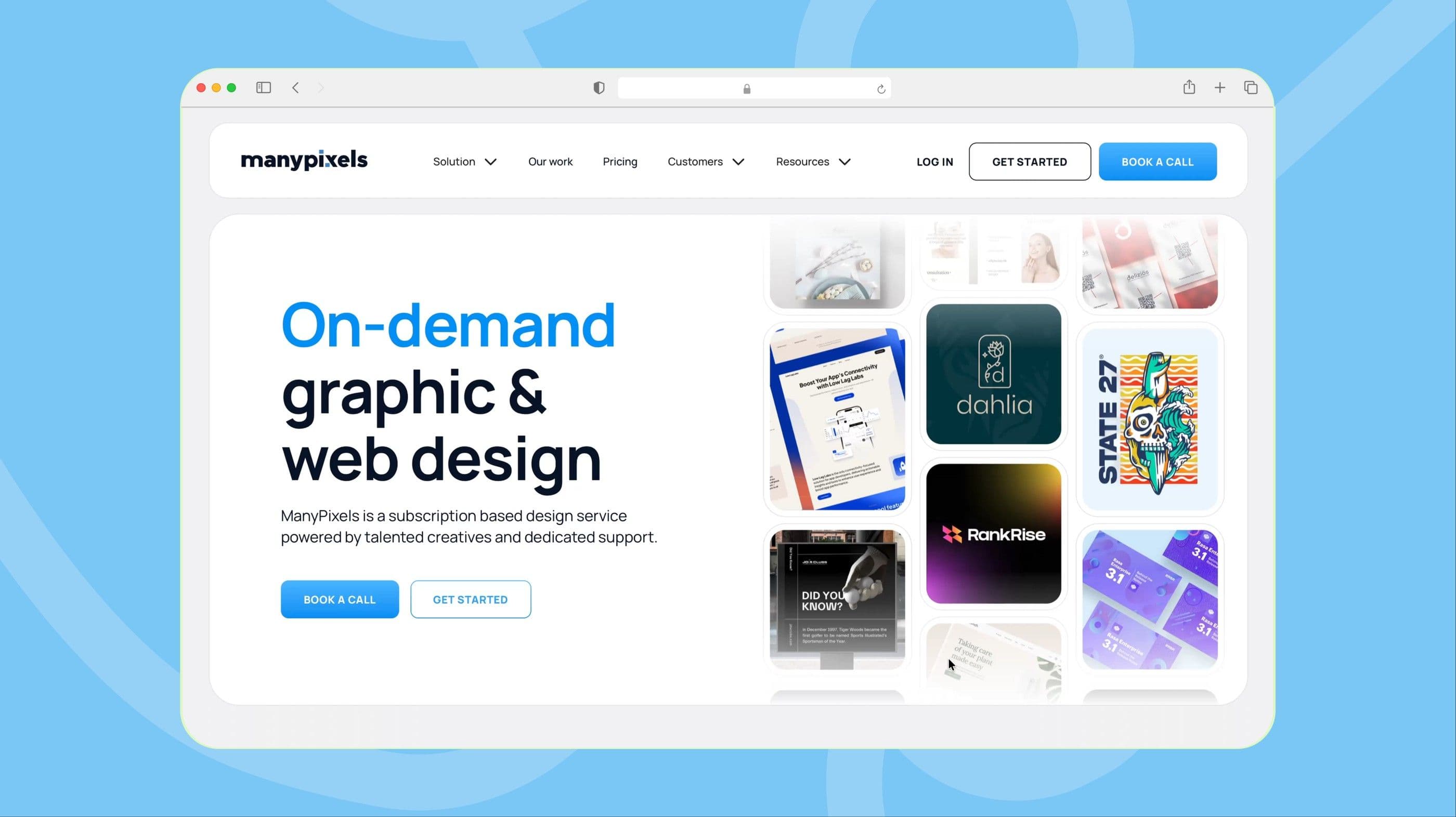 The manypixels home page, On-demand graphic & web design